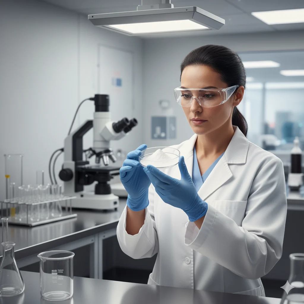 A scientist examining a mineral sample